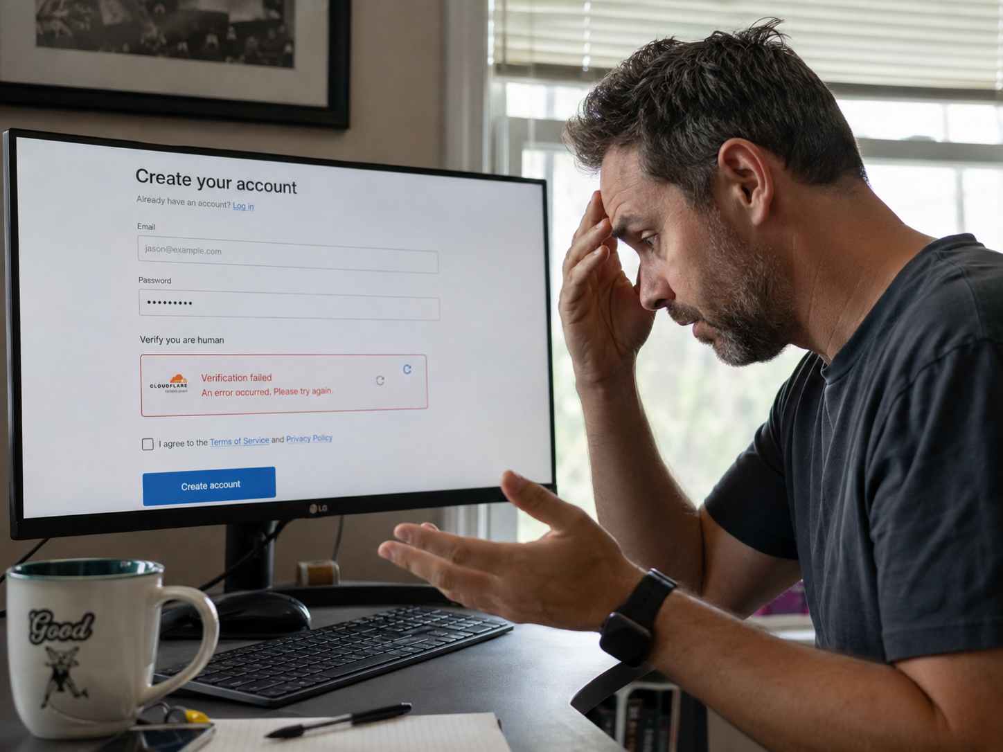 Frustrated user facing a verification failure on a signup form